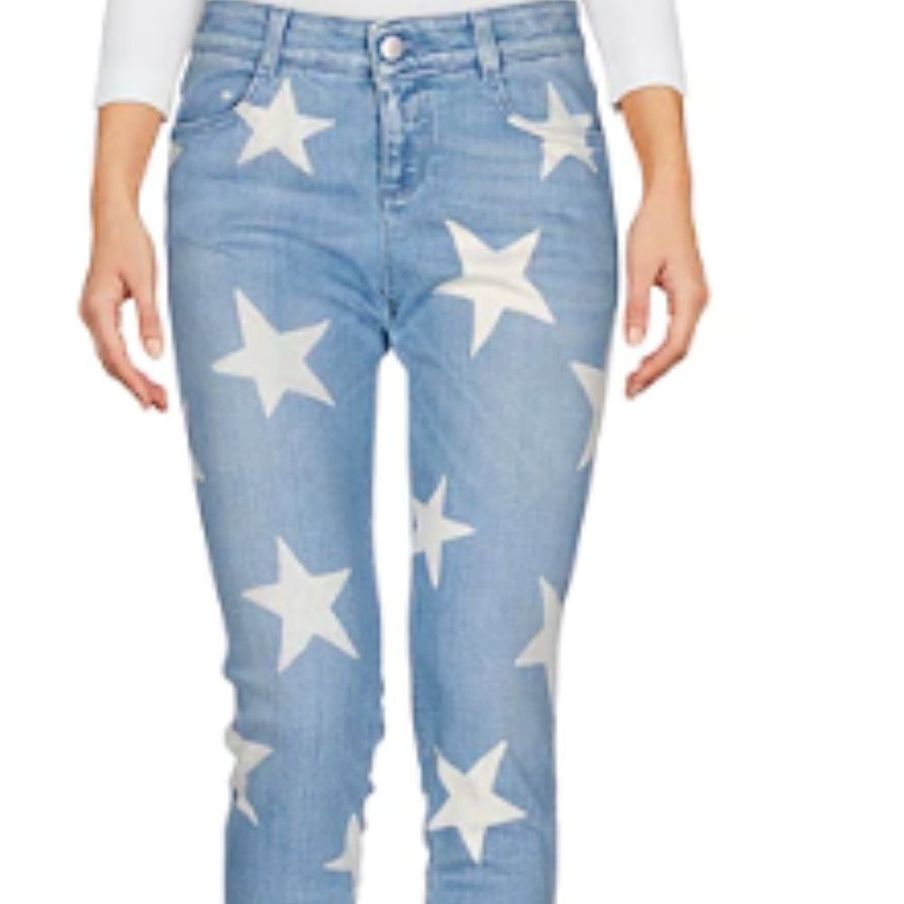 Stella McCartney Blue and Cream Star Print Denim Boyfriend Jeans